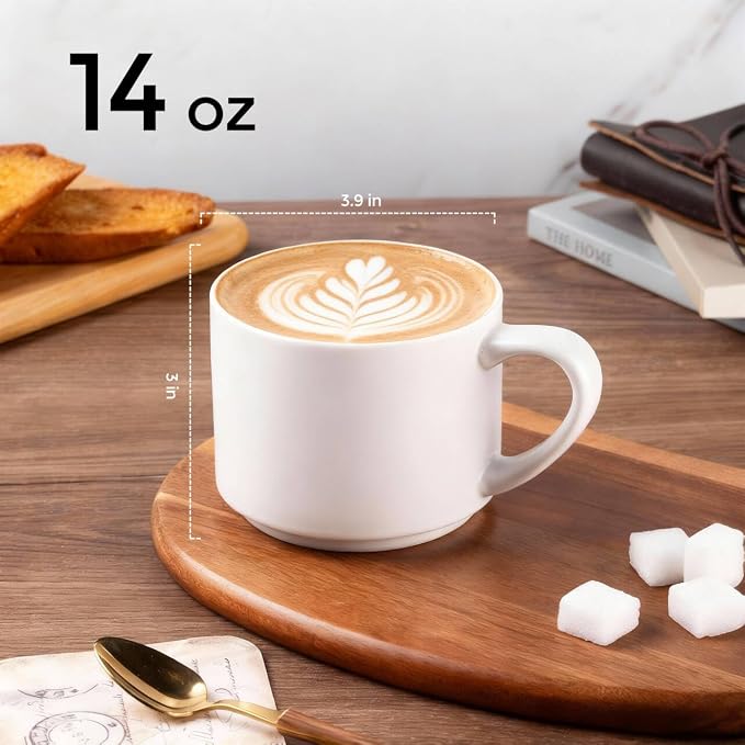 GBhome 14 OZ Coffee Mugs Set of 6, Stackable Ceramic Mugs for Men, Women, Modern Coffee Mugs With Stable Base for Latte, Tea, Cappuccino. Dishwasher & Microwave Safe, Matte White