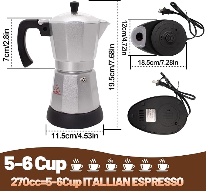 Electric Aluminum Moka Pot 3-6 Cup 150-300ml Stovetop Espresso Maker Portable Electric Expresso Pot Mocha Pot Percolator Italian Coffee Makers Greca Machine Cafe Classic for Home Camping