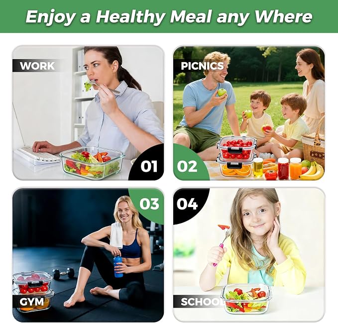 27 oz Glass Food Storage Containers with lids, 4 Pack Square Sandwich Containers/Box for Meal Prep, 3.3 Cup Glass Meal Prep Containers, Microwave, Oven, Freezer and Dishwasher, BPA-free
