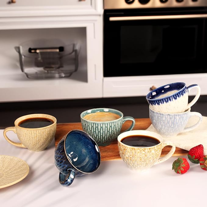 Coffee Mugs Set of 6, 6.8 oz Ceramic Tea Cup, Espresso Cups, Stackable Cups, for Latte, Hot Tea, Cappuccino, Mocha, Cocoa, Milk Tea - Dishwasher & Microwave Safe,Six colors