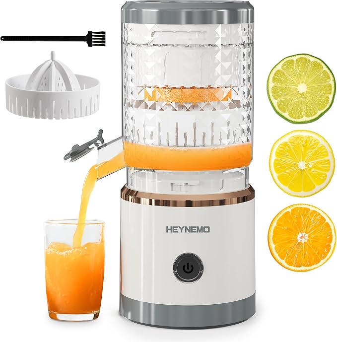 Heynemo Electric Citrus Juicer, 90W Automatic Juice Squeezer with High-Speed 15,000 RPM, Ideal for Lemon, Orange, Soft Fruits, and Grapefruit, Compact and Easy to Clean, Includes Cleaning Brush，Grey