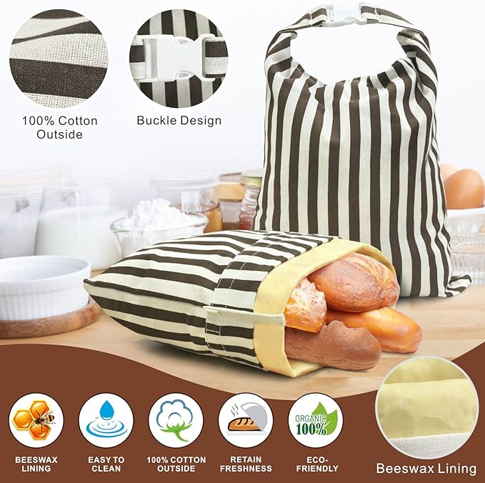 Mosucoirl Beeswax Bread Bags 2 Pack, Reusable Bread Storage Boxes for Homemade Sourdough, Cotton Food Bags Loaf Containers to Keep Fresh Large