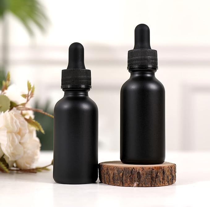 NOOEEISS 48 Pack,1oz Glass Dropper Bottle, Frosted Black Tincture Bottles with Dropper,Pretty Finish for All Kinds of Liquids,Oil Bottles for Hair- Stronger Suction ideal for Leakproof Travel