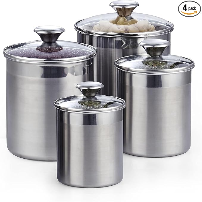 Cooks Standard Airtight Kitchen Canister Set for Coffee, Flour & Sugar Storage – Stainless Steel Food Storage Containers with Glass Lid – Pantry Organization Jars, 4 Pack