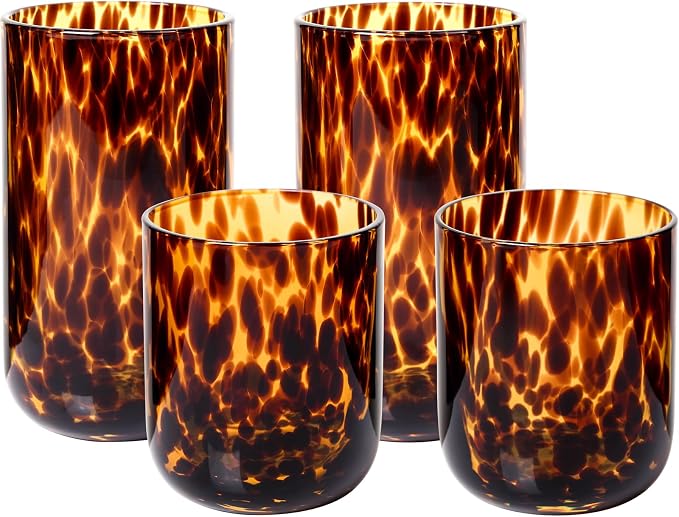 Tortoise Shell Drinking Glasses Set of 4, Brown Decorative Tortoise Shell Tumbler Cups for Wine & Drinks，Drinking Glasses for Wedding Gifts, Housewarming, Cocktail Party (4, 10oz+15oz)