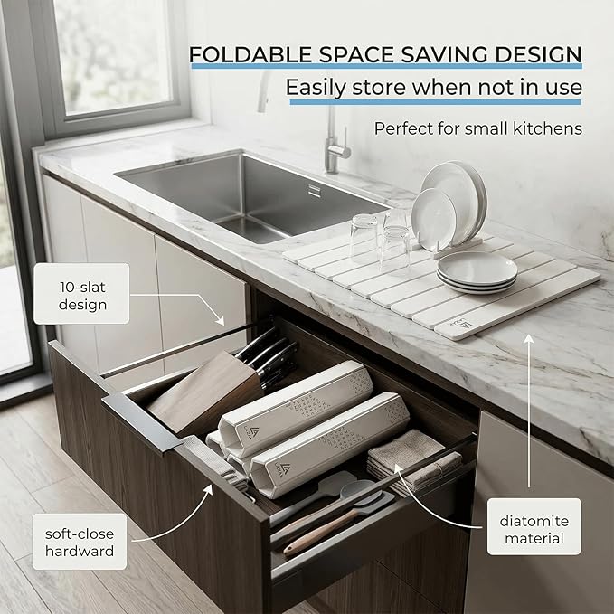 Foldable Diatomite Stone Drying Mat for Kitchen Counter, Fast Drying Dish Drying Mat, Stone Dish Drying Mat, Dish Mat Drying Kitchen Mat, Kitchen Drying Mat with 3 Silicone Dishwashing Brushes