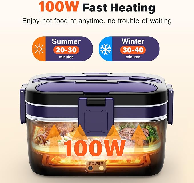2.8L Electric Heated Lunch Box - 100W Portable Food Warmer for Adults, Leak-Proof & Dishwasher-Safe, Ideal for Car, Truck, Travel, Work, Gift for Men & Women