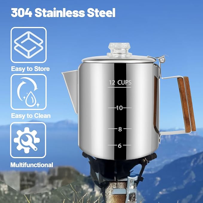 12 Cup Percolator 304 Stainless Steel Coffee Pot Coffee Maker Coffee Machine with Solid Wood Handle Transparent Knob Stovetop Greca Mocha for Induction Home and Camping 2200ml 74.4oz