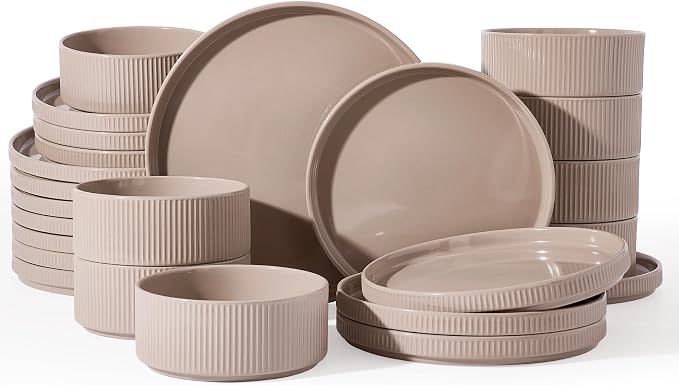 Famiware Star 24-Piece Stoneware Dinnerware Set for 8 – Brown, Ceramic Ribbed Plates and Bowls – Modern Rustic Dishes, Everyday & Formal Use – Chip & Scratch Resistant, Microwave & Dishwasher Safe