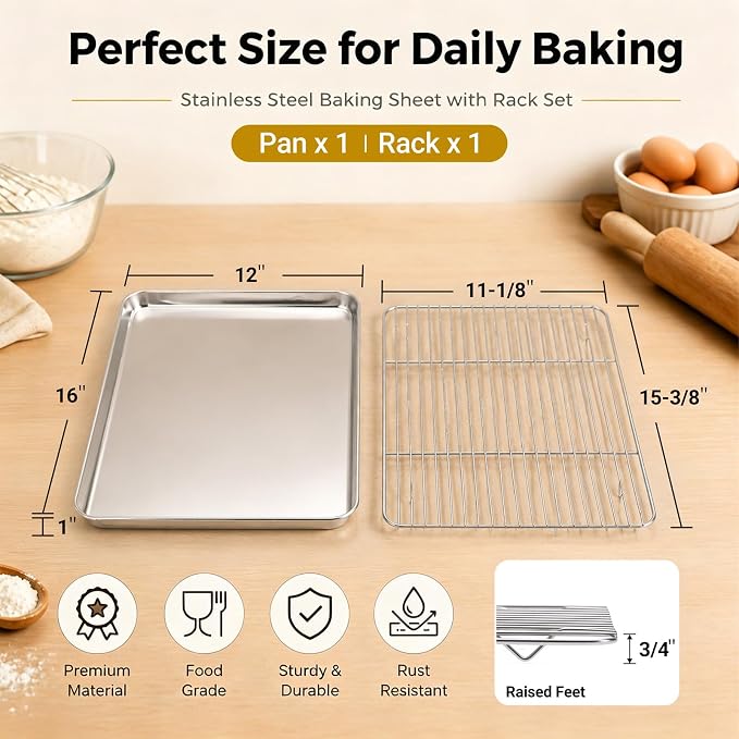 Onader Baking Sheet with Wire Rack, 16x12 Inch Stainless Steel Cookie Sheet with Cooling Racks for Cooking and Baking, Jelly Roll Pan for Oven, 1 Pan + 1 Rack, Nonstick & Rust Resistant