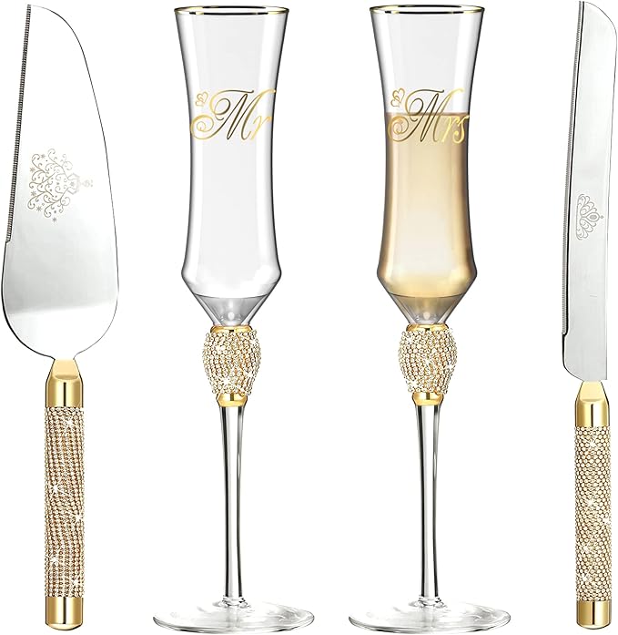 Wedding Cake Knife and Server Set, 7Oz Mr and Mrs Champagne Flutes and Cake Cutting Set for Wedding Engagement Bridal Shower Gifts (Gold)