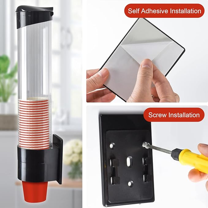 Cup Dispenser, Pull Type Wall Mount Cup Holder, Water Cooler Cup Dispenser Fits 7oz - 12oz Cups for Home Office Hospital Cups Organizer, Adhesive Paste or Screw Install (Black, Large)