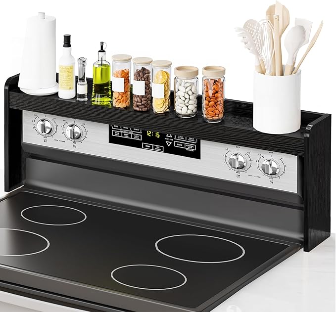31” Stove Top Shelf, Over the Stove Spice Rack, Wood Space Saving Seasoning Shelf, Kitchen Storage Stand, Kitchen Organization (Black)