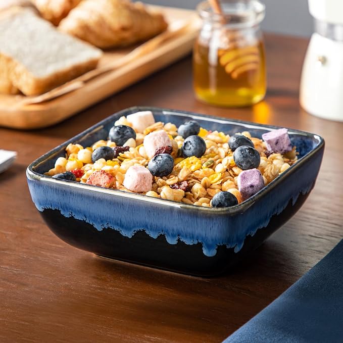 vancasso Stern Blue Square Dinnerware Set for 4, 16 Piece Reactive Glaze Stoneware Plates and Bowls Set, Modern Kitchen Dish Set with Dinner Plates, Salad Plates, Soup Plates and Bowls