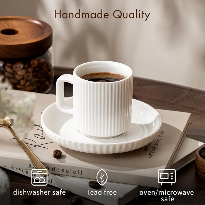 2.5OZ Mini Espresso Cups Set of 4, White Cream Ceramic Demitasse Espresso Mugs with Saucers, Small Coffee Cups for Single/Double Espresso Shots