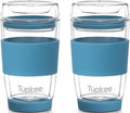 Double Wall All Glass Tumbler - 8-Ounce, Reusable Insulated Tea/Coffee Mug & Lid, Hand Blown Glass Travel Mug - Niagara - 2 Pack