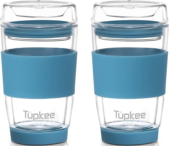Double Wall All Glass Tumbler - 8-Ounce, Reusable Insulated Tea/Coffee Mug & Lid, Hand Blown Glass Travel Mug - Niagara - 2 Pack