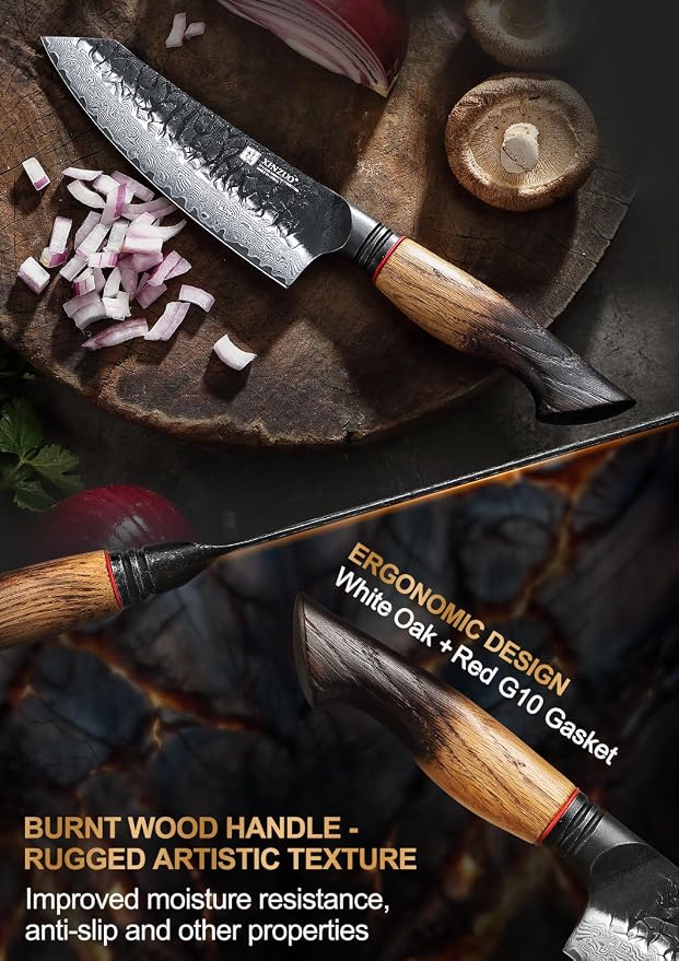 XINZUO 5.7 Inch Damascus Small Santoku Knife,67-Layer Damascus Steel Razor Sharp Blade,Multi-Purpose Kitchen Knife For Meat,Vegetables & All Tasks With White Oak + Red G10 Gasket Handle