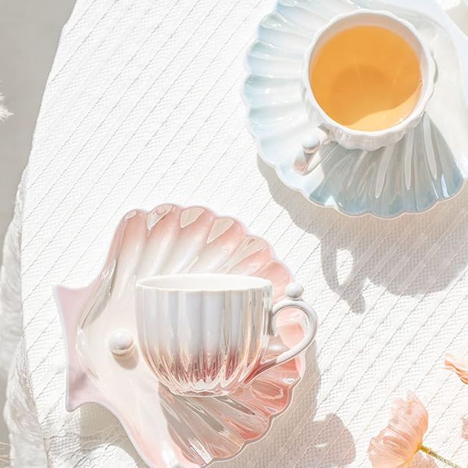 Pearl Shell Cup and Saucer - 8oz Gradient Ceramic Coffee Mug, Vintage Tea, Cappuccino, Latte Art for Birthday Gift (Gradient Pink)