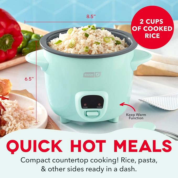 Dash Mini Rice Cooker | Small Rice Maker, 2 Cups Cooked / 1 Cup Uncooked, Ceramic Nonstick Removable Pot, Keep Warm Function, Compact and Portable for Dorm, Travel, Single Serve, Aqua