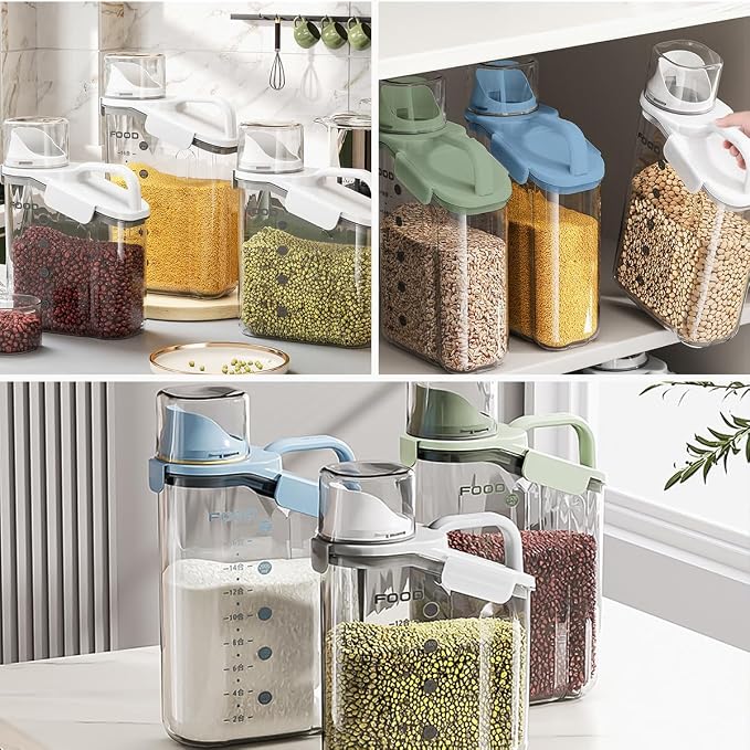 LANGMINGDE 2 PCS Airtight Storage Containers, 2.8L/95fl.oz Cereal Rice Holder, Dog Cat Food Dispenser with Measuring Cup, BPA Free Clear Plastic Kitchen Pantry Organization Bin, 1 Blue+1 White
