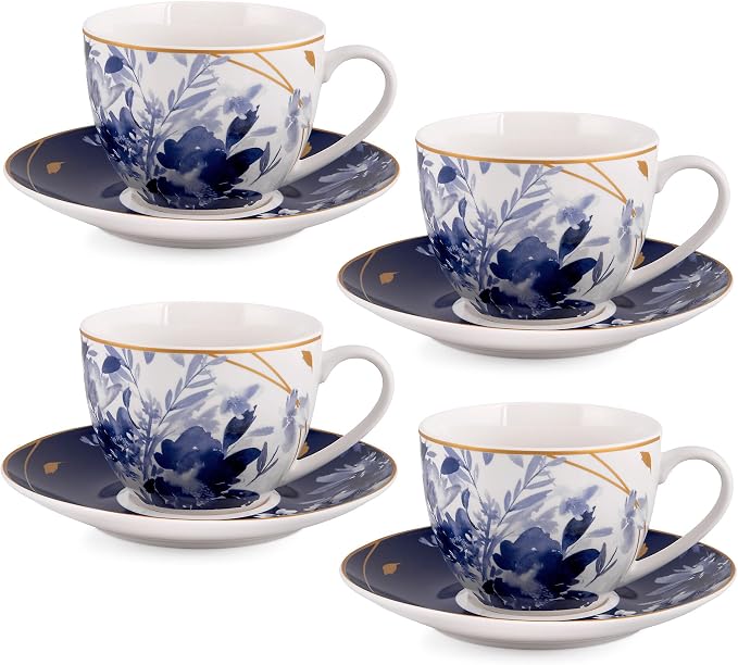 STP GOODS Teacup & Saucer Set of 4, Coffee Cups, Coffee Mugs, Espresso Cups, Tea Cup Set with Saucer, Latte and as a Gift (Mizuki)