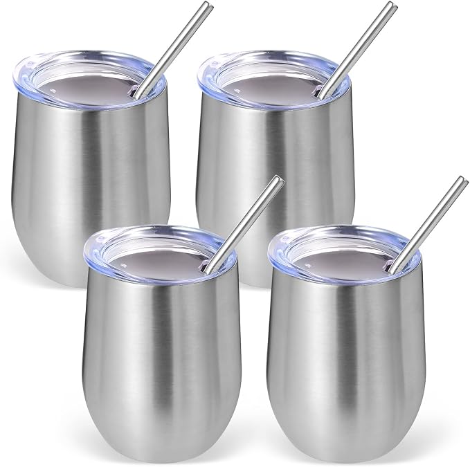 Volhoply 12oz Stainless Steel Wine Tumbler with Lid Bulk 4 Pack,Double Wall Vacuum Stemless Wine Glasses,Reusable Metal Travel Coffe Mug with Straw,Insulated Cups Gifts for Christmas（Silver,4 Set）