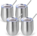Volhoply 12oz Stainless Steel Wine Tumbler with Lid Bulk 4 Pack,Double Wall Vacuum Stemless Wine Glasses,Reusable Metal Travel Coffe Mug with Straw,Insulated Cups Gifts for Christmas（Silver,4 Set）