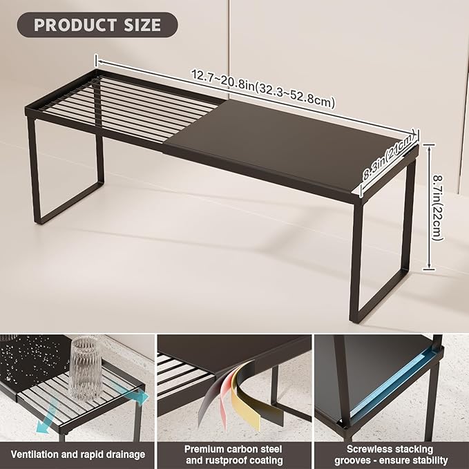 Magheo Expandable Cabinet Shelf Organizer, 2 Pack Stackable Kitchen Counter Shelf Riser, Metal Spice Rack Adjustable Heavy Duty Countertop Organizer Storage for Kitchen, Pantry, Cupboard, Rv (Black)
