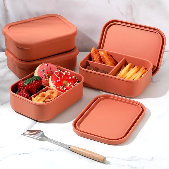 Honeydak 4 Pcs Silicone Bento Box for Adults, 3 Compartment Lunchable Food Container for Women Men, Leak Proof Microwave Dishwasher Freezer Safe (Orange)