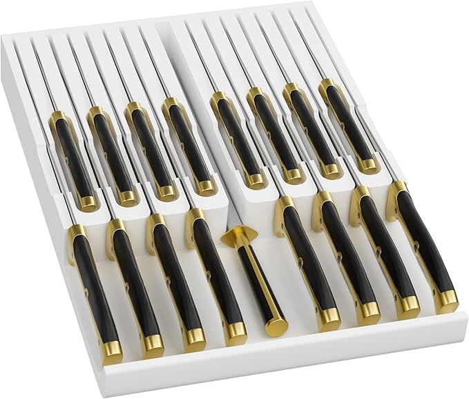 Domax Bamboo In-drawer Knife Block - Kitchen Knife Drawer Organizer Insert, Knife Holder without Knives Large, Drawer Knife Organizer Fits for 16 knives and 1 Sharpening Steel (Not Included), White