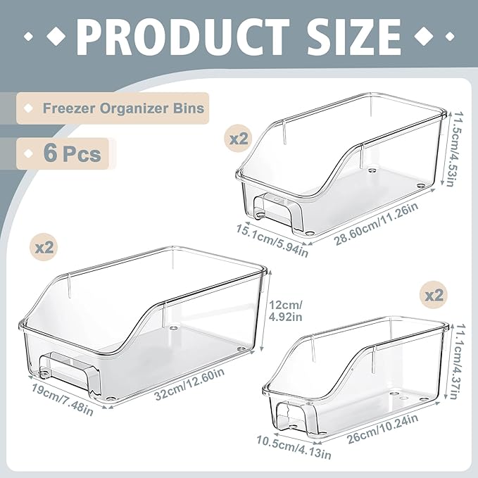 LemonRoad 6 Packs Clear Freezer Organizer Bins with Handle Pantry Vegetable Organizers and Storage Stackable Open Front Fridge Storage Egg Salad Containers for Kitchen Refrigerator Cabinet Closet