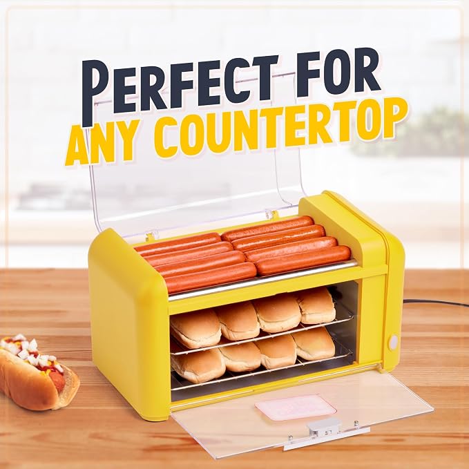 Nostalgia Oscar Mayer Extra Large 8 Hot Dog Roller & Bun Toaster Oven - Stainless Steel Grill Rollers for Veggie Sausages & Brats - Multi-Use Warming Oven with Adjustable Timer for Parties - Yellow