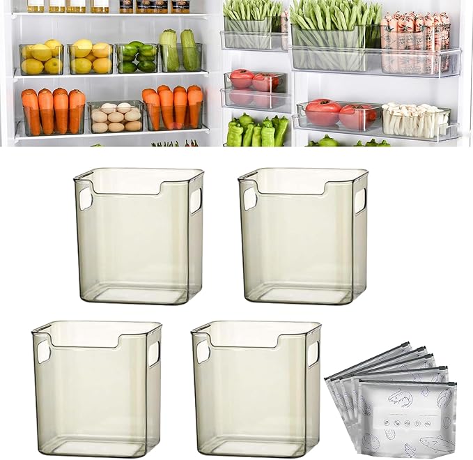 Crystal Clear Freezer Storage Bins - 4 Pack Stackable Freezer Organizer Bins, Clear Plastic Kitchen Cabinet Organizer for Meat, Veggies & Fruit (Green, 4pcs-S)