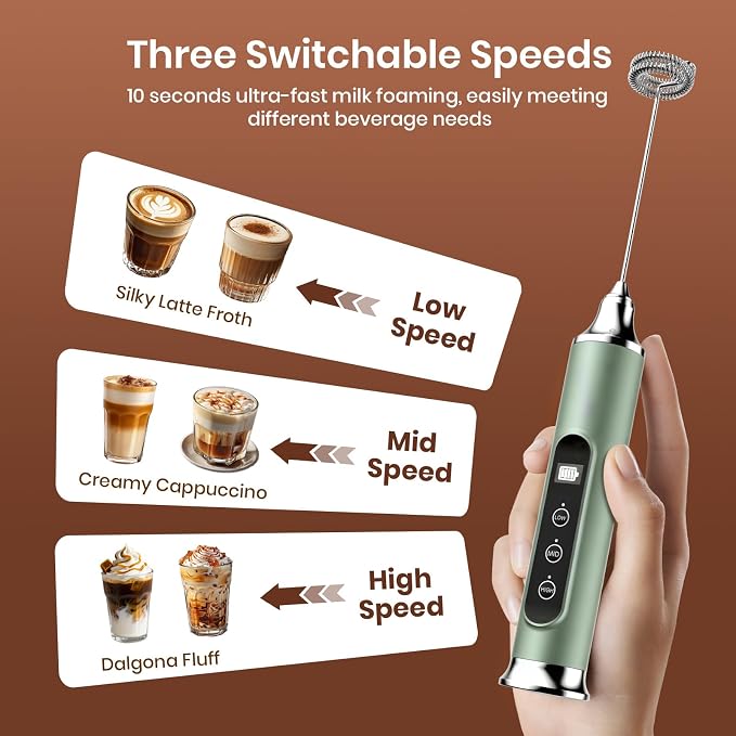 YUSWKO Milk Frother Wand for Coffee with Stand, Coffee Frother Handheld | Rechargeable Drink Mixer Wand, Waterproof Electric Whisk for Protein Powder, Lattes, 3 Variable Speeds 3 Whisks, Granite