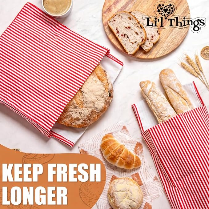 Sourdough Bread Bag – Reusable Beeswax Bread Storage Bags 2.0 (2 Sizes) for Homemade & Artisan Loaves, Cotton-Lined Bread Keeper, Plastic-Free Kitchen Storage – Stripey Red