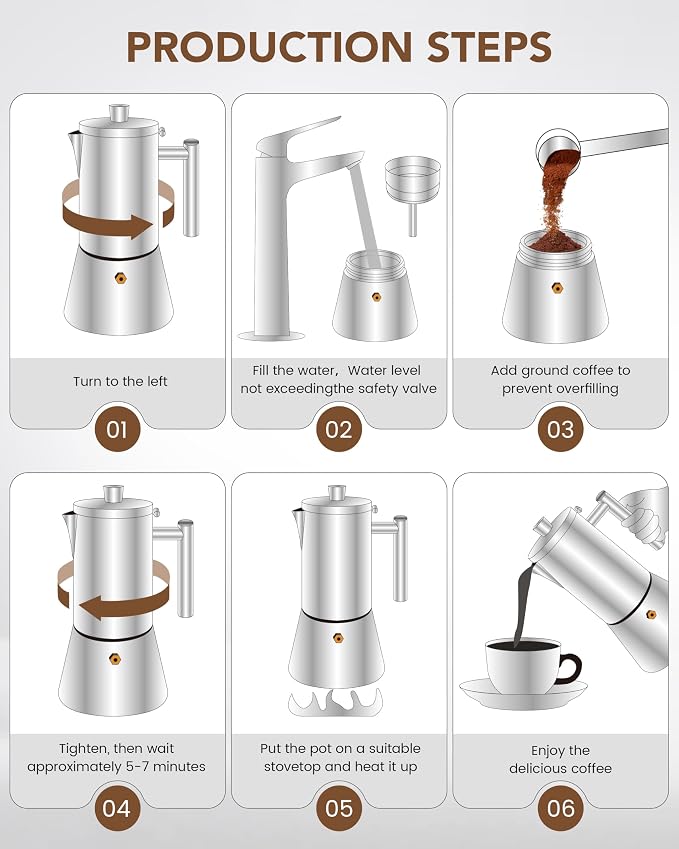 Moka Pot Stainless Steel 6Cup/10oz Stovetop Espresso Maker | Brushed，Cuban and Italian Coffee Maker, Cafetera Cubana, Greca De Cafe, Induction Stovetop Compatible