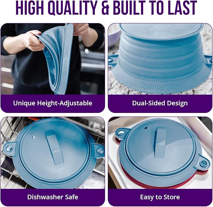 L.I.Q Silicone Splatter Guard – Fits 8 and 10 Inch Pots (20 and 25 Centimeters) – Microwave Safe and Durable SplatterDom - Includes 8” Lid - Food and Oil Splash Guard (Blue Steel, Small)
