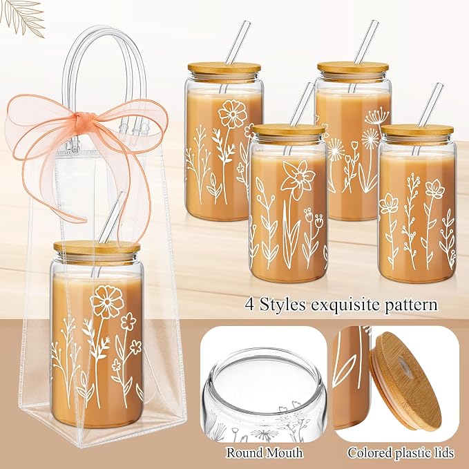 Mumufy 6 Sets Boho Floral Glass Cups with Clear Gift Bag 16 oz Reusable Flower Iced Coffee Mugs Aesthetic Cute Tumbler with Lids and Straws, Gifts for Girls Women Bridesmaid