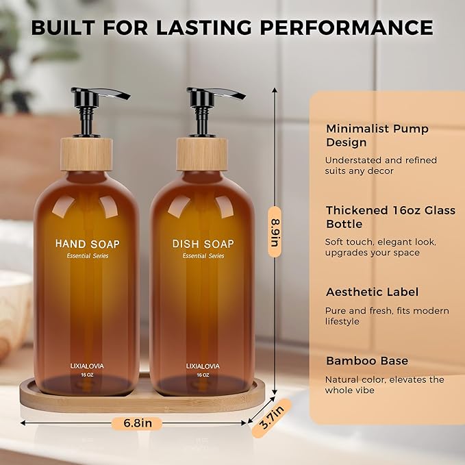 Dish and Hand Soap Dispenser Set with Tray, 16OZ Refillable Glass Bottles and Wood Pump, Double Bottle Countertop Organizer for Kitchen and Bathroom (Amber)