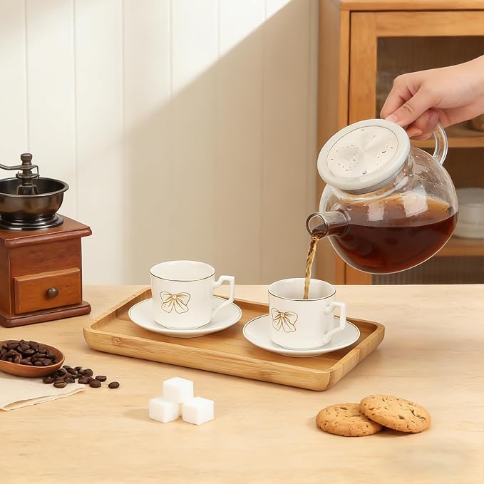 ALIMOTA 3.5oz Ceramic Coffee Espresso Cup with Saucers Set, Elegant Bow Deco Coffee Cup Gift for Cappuccino, Tea, Espresso, Latte, Coffee, Cafe Mocha, Set of 6, White