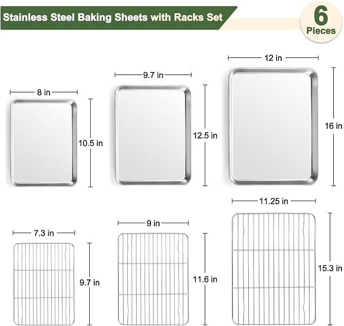 TeamFar Baking Sheet with Rack Set (3 Pans + 3 Racks), 16/12.5/10.5 Inch Stainless Steel Cookie Sheets Baking Pans Trays and Cooling Racks for Cooking Roasting, Non-Toxic & Heavy Duty, Dishwasher Safe