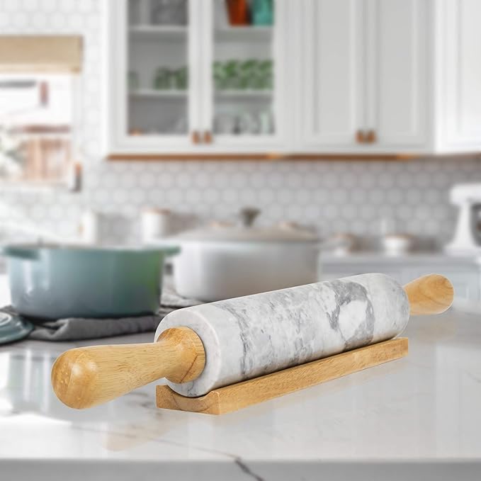 Creative Home Natural Marble Rolling Pin with Wooden Handles and Cradle, 18-Inch rolling pins for baking, Heavy Cool Surface, Dough Roller for Pastry, Pie, Pizza, Cookies, Off white