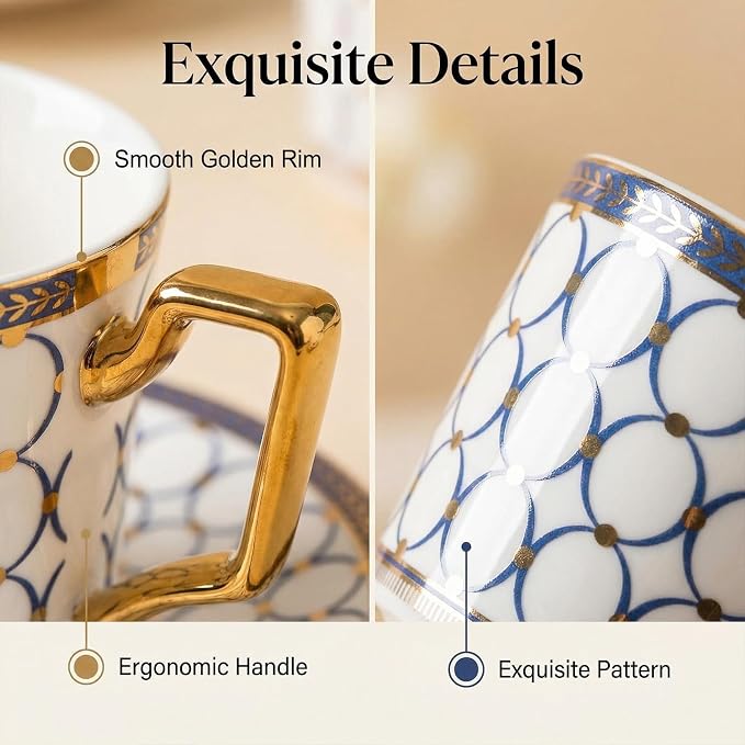 CwlwGO-European Style Ceramic Coffe Cup and Saucer Sets, 7 Oz Bone China Beautifully Glazed Blue Gold Tea Cup Set, Golden Spoon,Cappuccino, Latte, Suitable For Women's Gifts (4 pack)