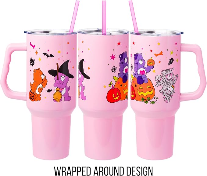 Silver Buffalo Care Bears Featuring Harmony Bear, Cheer, Share Bear, and Trick-or-Sweet Halloween Double Walled Stainless Steel Tumbler with Handle and Straw, Fits in Standard Cup Holder, 40 Ounces