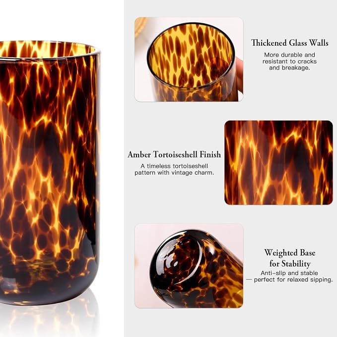 Tortoise Shell Drinking Glasses Set of 4, Brown Decorative Tortoise Shell Tumbler Cups for Wine & Drinks，Drinking Glasses for Wedding Gifts, Housewarming, Cocktail Party (6, 15oz)