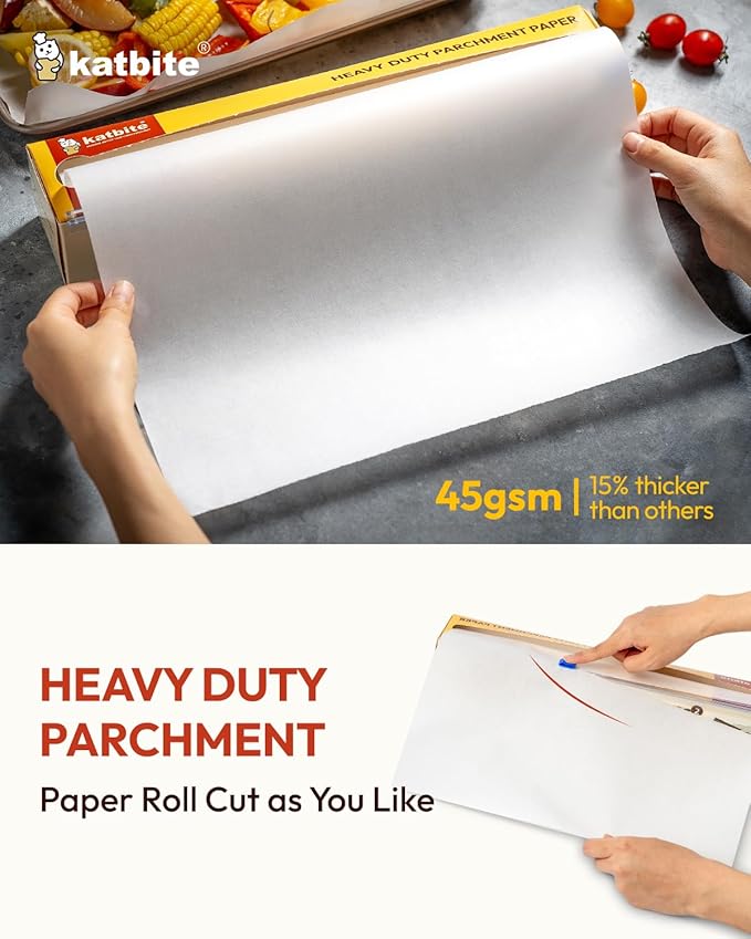 Katbite Heavy Duty Parchment Paper Roll for Baking, 12 in x 262 ft Non-Stick Baking Paper for Cooking, Baking Cookies, Grilling, Air Fryer and Steaming (1Pack)