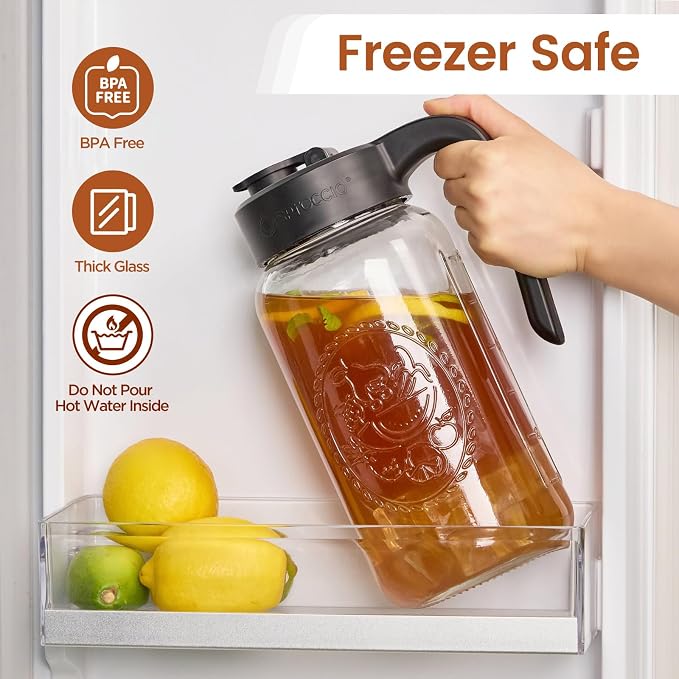 Mason Jar Pitcher - Airtight & Leakproof Glass Pitcher with Lid, Perfect for Breastmilk, Cold Brew, and Sun Tea, 2 Quart (64 oz) Mason Jar with Pour Spout Lid