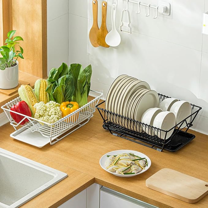 Ipetboom Dish Drying Rack with Utensils Basket and Drainboard, Black Metal Kitchen Dish Drainer Holder for Countertop Storage Over Sink Use
