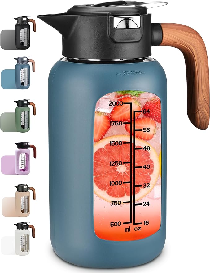 84oz Glass Pitcher with Lid and Handle Borosilicate Glass Water Jug/Carafe for Hot & Cold Beverages, 2.5Liter Large Pitcher with Silicone Sleeve & Wide Mouth, Fridge Safe for Iced Tea, Coffee, Juice